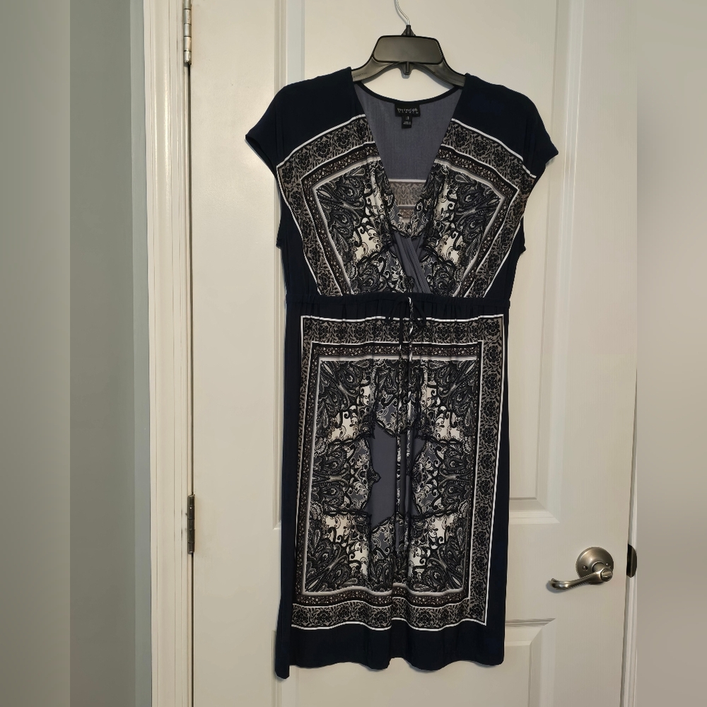 Enfocus Studio Women's Sz 12 Navy/Tan Patterned V-Neck Midi Dress